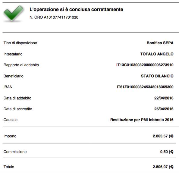 restituzione stipendio bonifico febbraio 2016
