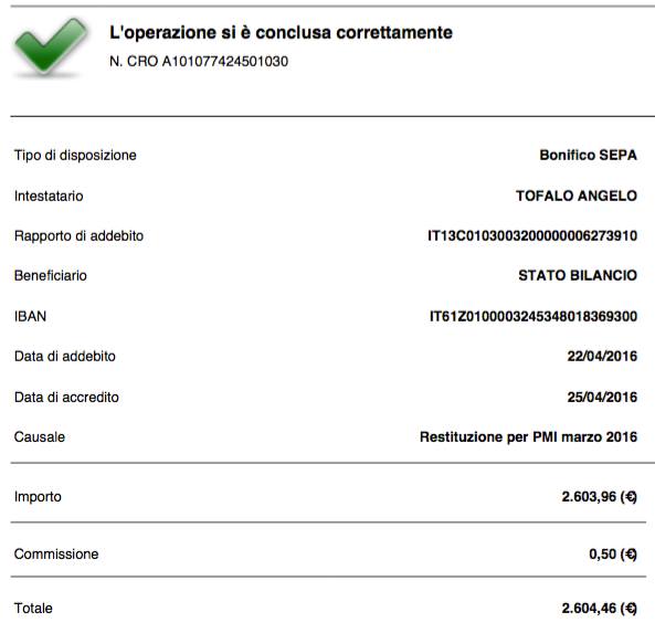 restituzione stipendio bonifico marzo 2016