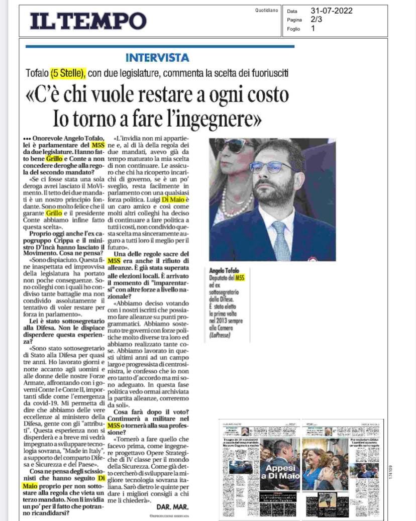 M5S, Tofalo a il Tempo bene regola 2 mandati